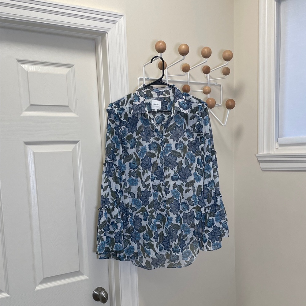 Misa Los Angelas - Arya Floral Bell-Sleeve Button-Front Top - White / Blue - S